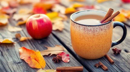 Warm Apple Cider with Cinnamon and Cloves on Autumn Deck. AI generated illustration