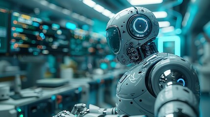 Fototapeta premium A surgeon using a robotic surgical system in a high-tech operating room, focusing on the robotic arms performing a precise operation. The background features a clean,