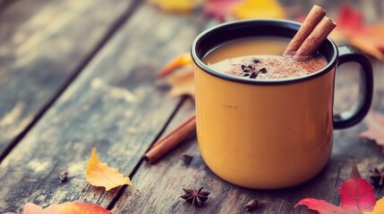 Warm Apple Cider with Cinnamon and Cloves on Autumn Deck. AI generated illustration