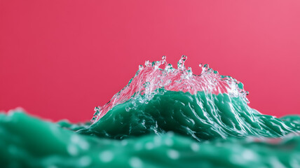 Magnified view of emerald green liquid waves crashing against bright magenta currents 