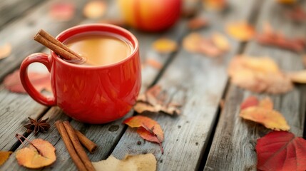 Warm Apple Cider with Cinnamon and Cloves on Autumn Deck. AI generated illustration