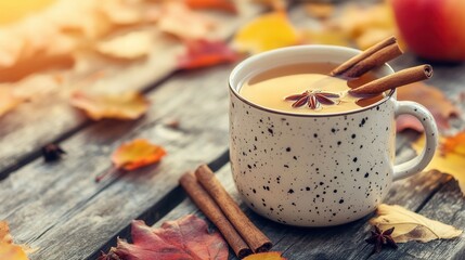 Warm Apple Cider with Cinnamon and Cloves on Autumn Deck. AI generated illustration