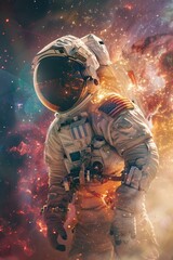 Fototapeta premium Astronaut in Space Suit Surrounded by Floating Debris and Glowing Particles