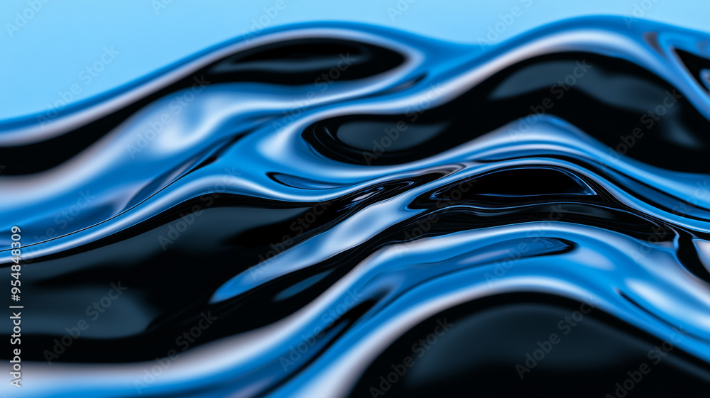 Sticker Magnified view of swirling liquid waves in black ink with streaks of iridescent blue 