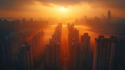 Obraz premium The city skyline lined with towering buildings, bathed in the scorching sun rays. Generative AI.