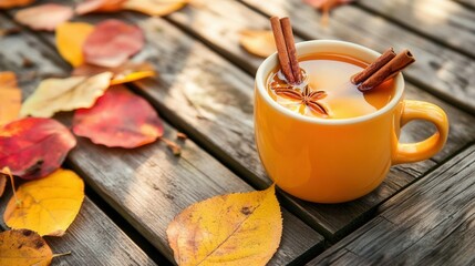 Warm Apple Cider with Cinnamon and Cloves on Autumn Deck. AI generated illustration