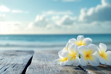A serene and tropical image featuring a small cluster of white and yellow plumeria flowers