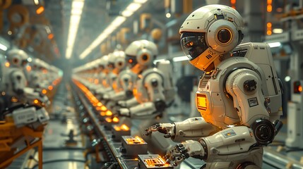 Fototapeta premium An industrial scene in a smart factory where a human operator is working alongside multiple robotic systems, optimizing the production process.