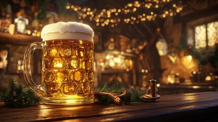 Oversized Glass of Golden Beer in Cozy Tavern. AI generated illustration