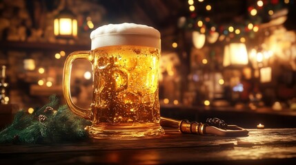 Oversized Glass of Golden Beer in Cozy Tavern. AI generated illustration