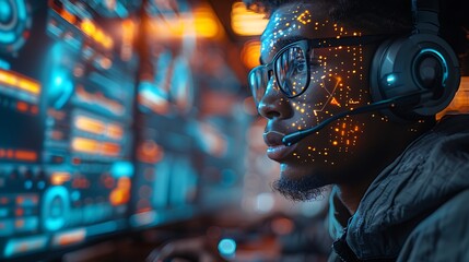 An ultra-realistic scene of a customer service agent working alongside an AI robot in a call center. The robot is assisting by providing real-time information on the screen,