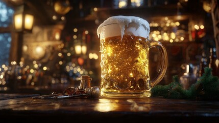 Oversized Glass of Golden Beer in Cozy Tavern. AI generated illustration