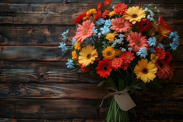 Vibrant Mixed Flower Bouquet Against Rustic Wooden Background - Perfect for Event Invitations, Decorations, and Artistic Designs