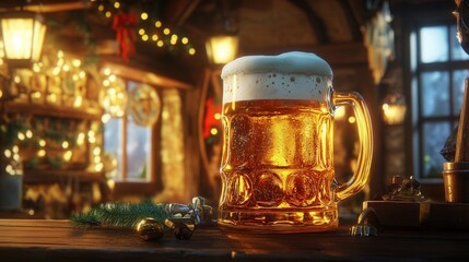 Oversized Glass of Golden Beer in Cozy Tavern. AI generated illustration