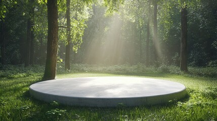 Round Concrete Platform for Product Presentation in Forest. AI generated illustration