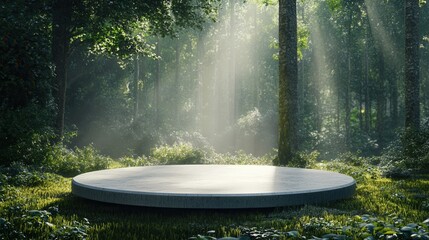 Round Concrete Platform for Product Presentation in Forest. AI generated illustration
