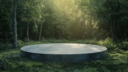 Round Concrete Platform for Product Presentation in Forest. AI generated illustration