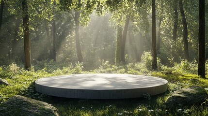 Round Concrete Platform for Product Presentation in Forest. AI generated illustration