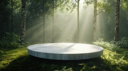 Round Concrete Platform for Product Presentation in Forest. AI generated illustration