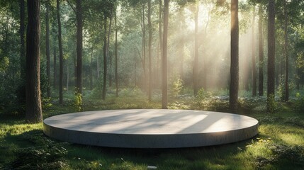 Round Concrete Platform for Product Presentation in Forest. AI generated illustration