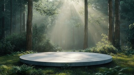 Round Concrete Platform for Product Presentation in Forest. AI generated illustration