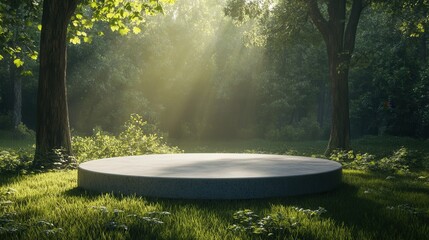 Round Concrete Platform for Product Presentation in Forest. AI generated illustration