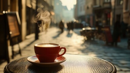 Steaming Espresso Cup on Cafe Table with European Street View. AI generated illustration