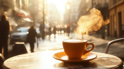 Steaming Espresso Cup on Cafe Table with European Street View. AI generated illustration