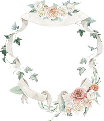 Spring Floral Wedding Crest Bouquet White Cream Pastel Watercolor Corner Banner Elegant Wreath Frame