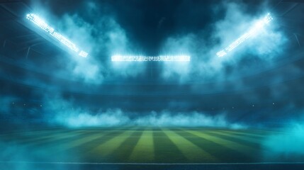 Empty, blue-lit soccer field with fog and stadium lights.