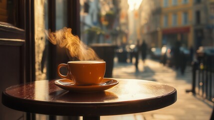 Steaming Espresso Cup on Cafe Table with European Street View. AI generated illustration