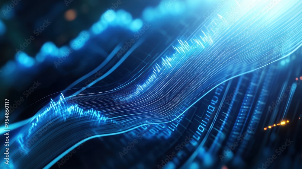 Poster digitally rendered 3d animation of dynamic financial graphs with fluctuating lines and bar charts, r