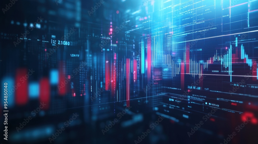 Poster digitally rendered 3d animation of dynamic financial graphs with fluctuating lines and bar charts, r