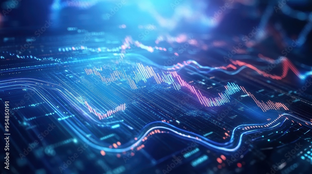 Poster digitally rendered 3d animation of dynamic financial graphs with fluctuating lines and bar charts, r