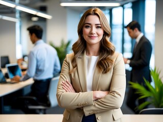 Obraz premium Portrait of beautiful young business woman standing while smiling looking at camera in the office.