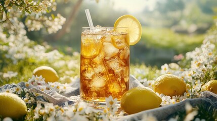 Tall Glass of Iced Tea with Lemon Slices on Picnic Blanket in Sunny Park. AI generated illustration