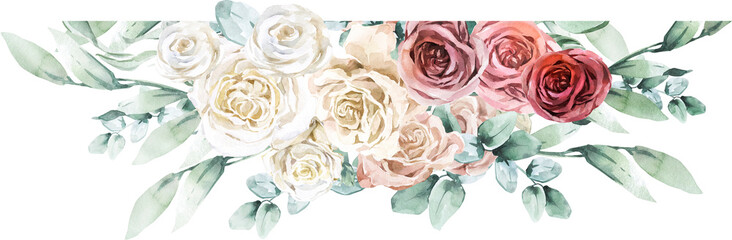 Spring Floral Wedding Bouquet White Cream Pastel Watercolor Corner Banner Elegant Wreath Frame