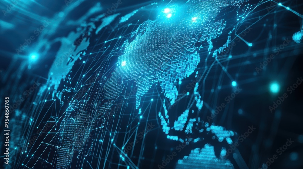 Poster digitally rendered animation of a global network map with nodes lighting up as data is transferred a