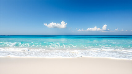 Obraz premium Tropical sunny beach view. Calm sunshine relaxing empty beach scene, blue sky happy clouds white sand. Tranquil nature shore coast landscape. Seaside beachfront horizon seascape in sunlight. AI gen