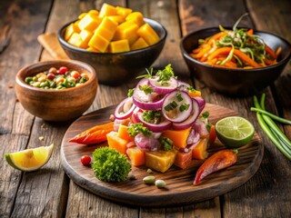 Savory Peruvian flavors unfold on a rustic table, featuring vibrant ceviche, tender lomo saltado, and classic causa, a