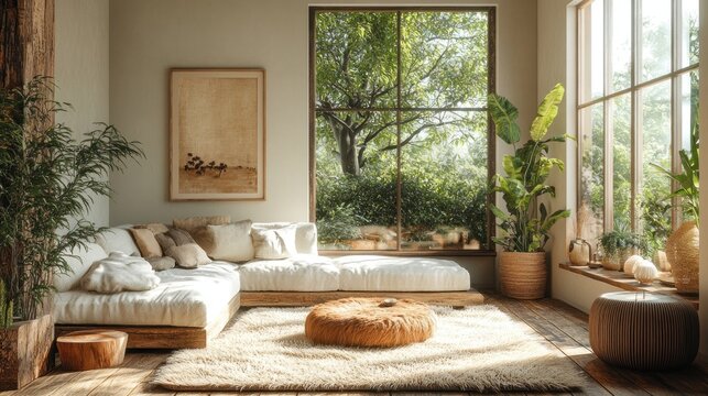 Cozy living room with natural light and plants, promoting relaxation.