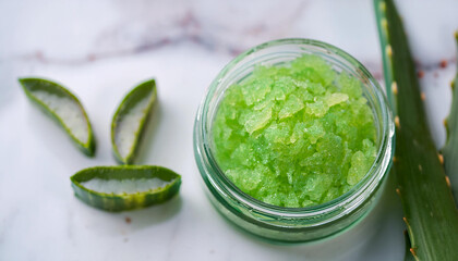 Obraz premium Jar of green sugar body scrub and aloe vera on marble table. Skin care routine. Homemade cosmetics
