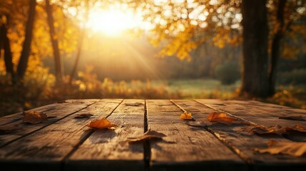 Wooden Table with Autumn Leaves Overlooking Golden Forest and Setting Sun. AI generated illustration
