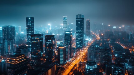 Fototapeta premium Magnificent Metropolis: A Glittering Night View of a Bustling City Skyline