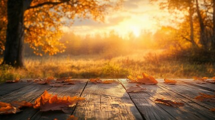 Wooden Table with Autumn Leaves Overlooking Golden Forest and Setting Sun. AI generated illustration