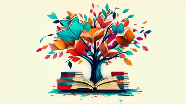 Books transform into leaves on tree of knowledge symbolizing growth and education learning mindset, animation on white background