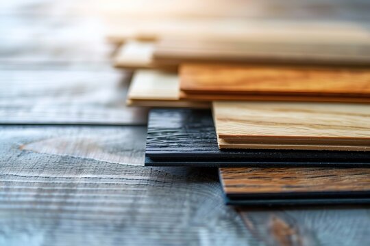 Laminate samples. Production of vinyl, veneer material floors. Home Decor Floor Samples. Parquet with wood pattern texture for flooring interior design. Wood chipboard. Construction finishing, advert