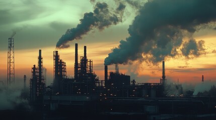 Dramatic Industrial Landscape at Sunset - Towering Smokestacks, Billowing Emissions, and Vibrant Sky