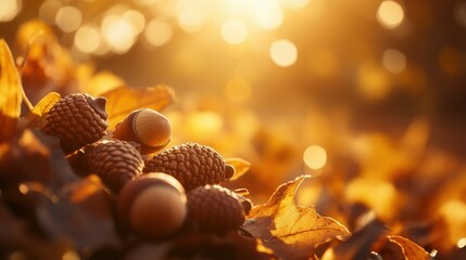 Autumn Background with Acorns and Leaves in Golden Sunlight. AI generated illustration