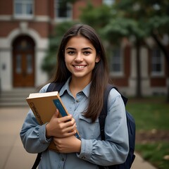 Fototapeta premium A beautiful young teenage girl wearing a backpack, holding books in her hands, stands in the school or university. Smiling at the camera by ai generated 